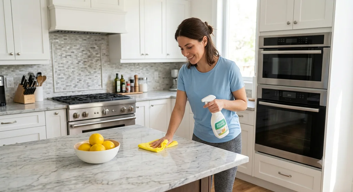 Pure Shine cleaner wiping down a kitchen island with a microfiber cloth
