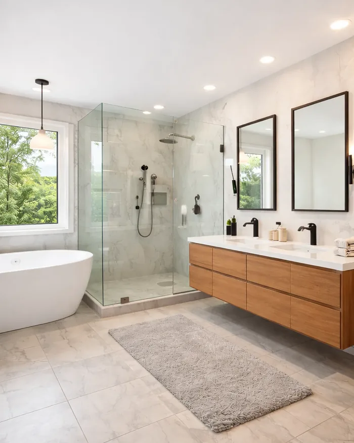 Sparkling bathroom with glass shower and soaking tub