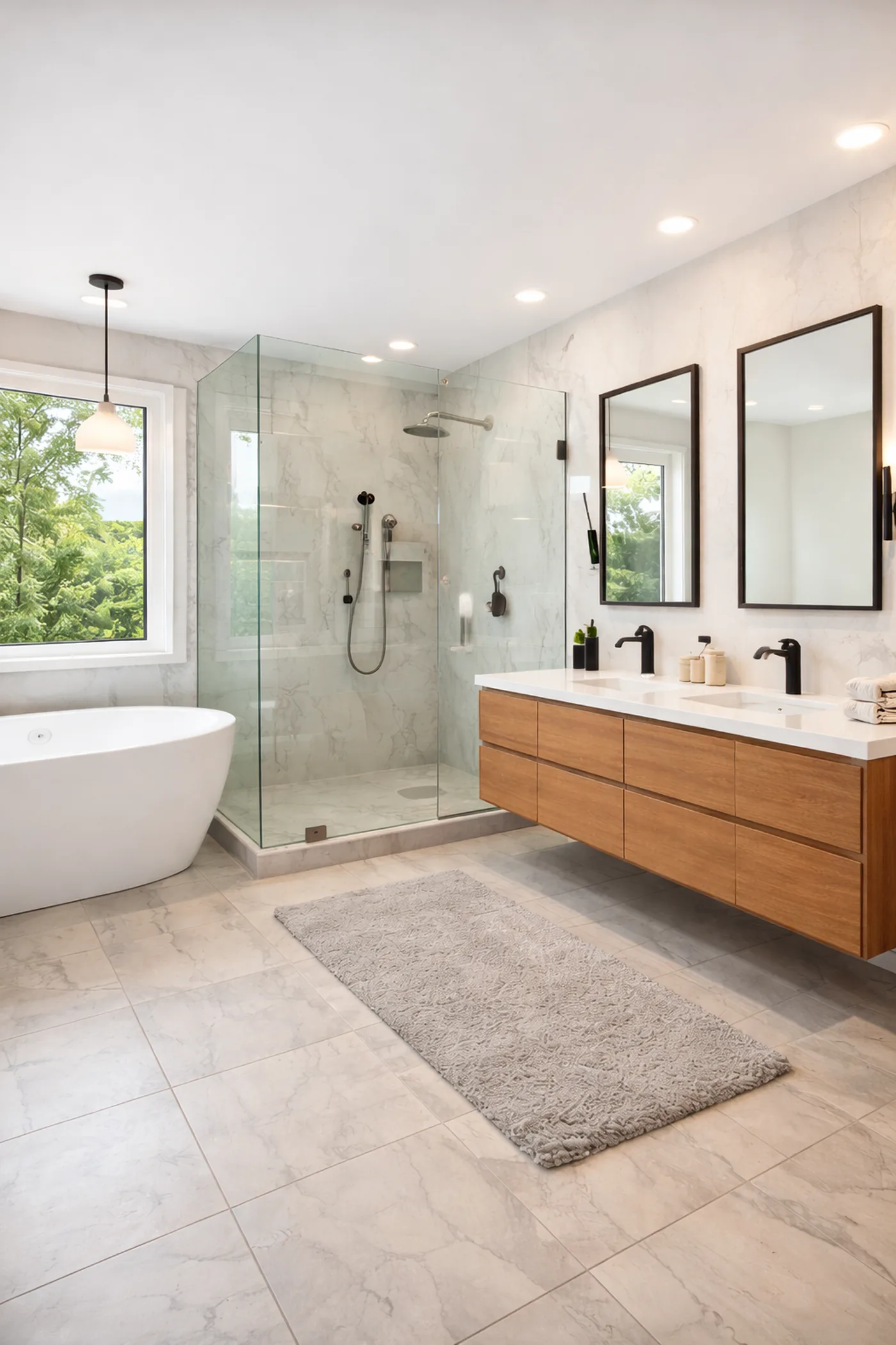 Sparkling bathroom with glass shower and soaking tub