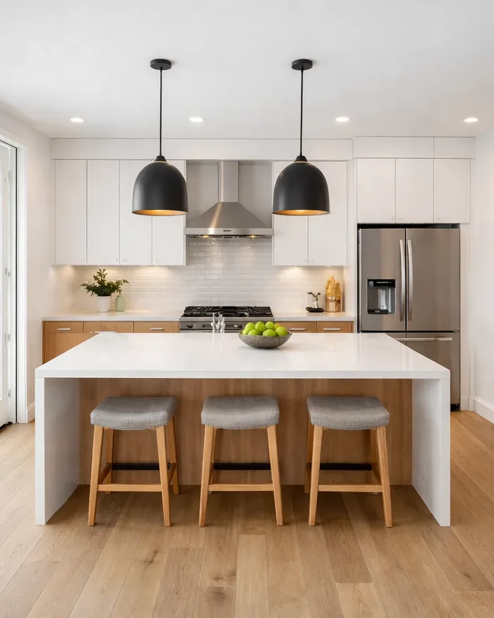 Spotless modern kitchen with white cabinets and island seating