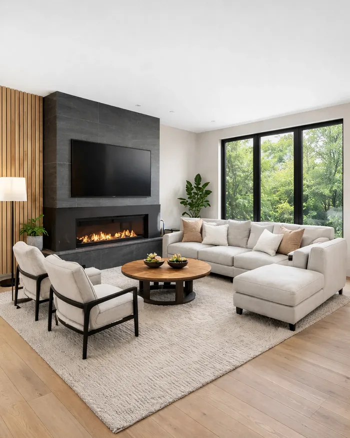 Bright, freshly cleaned living room with fireplace and sectional sofa